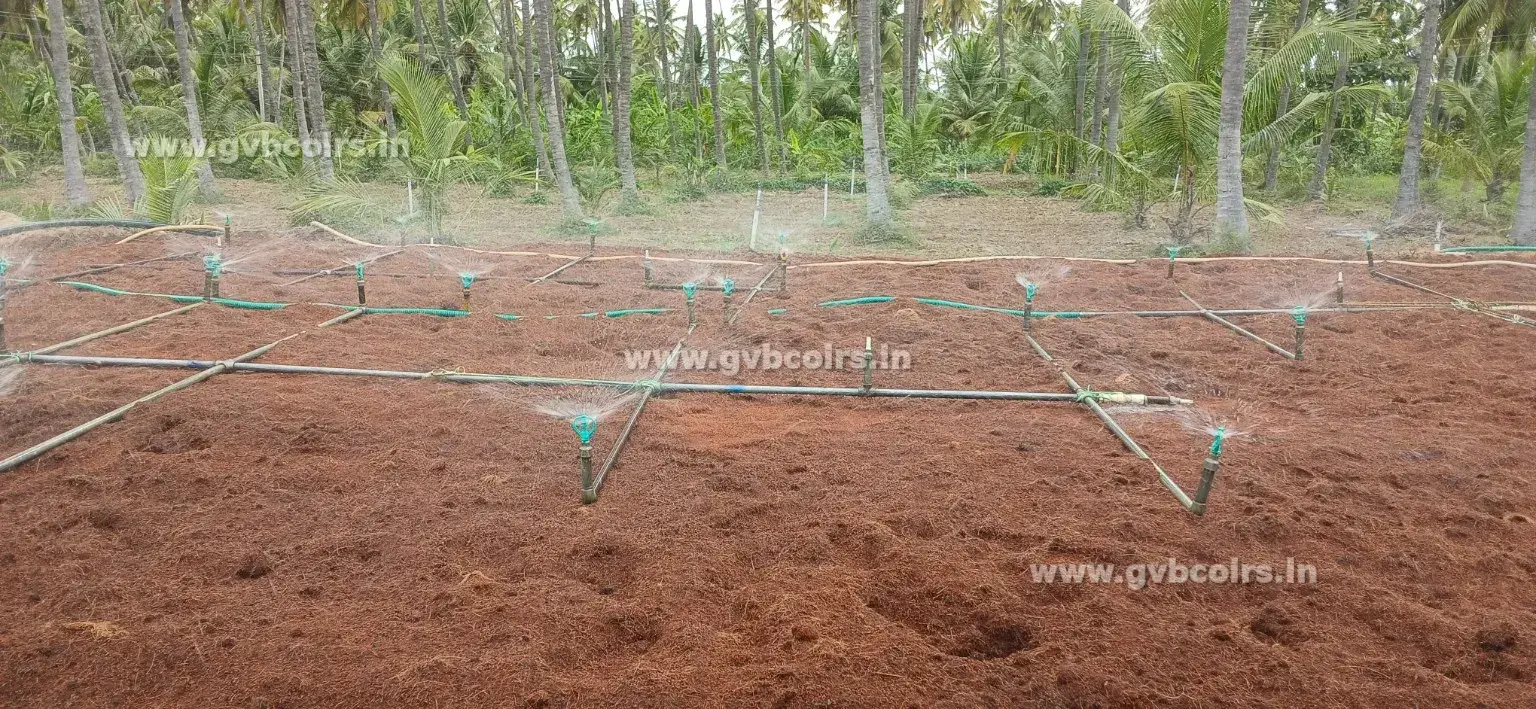 Raw Cocopeat washing sprinklers in the processing yard - GVB Coirs